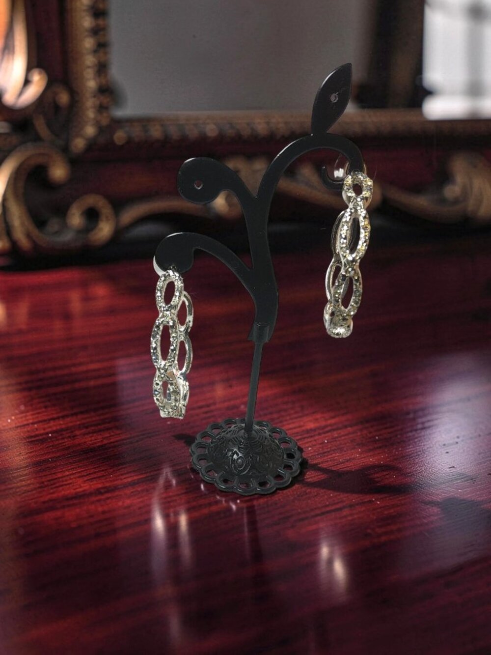 vintage silver tone textured w/chrystals large hoop earrings.